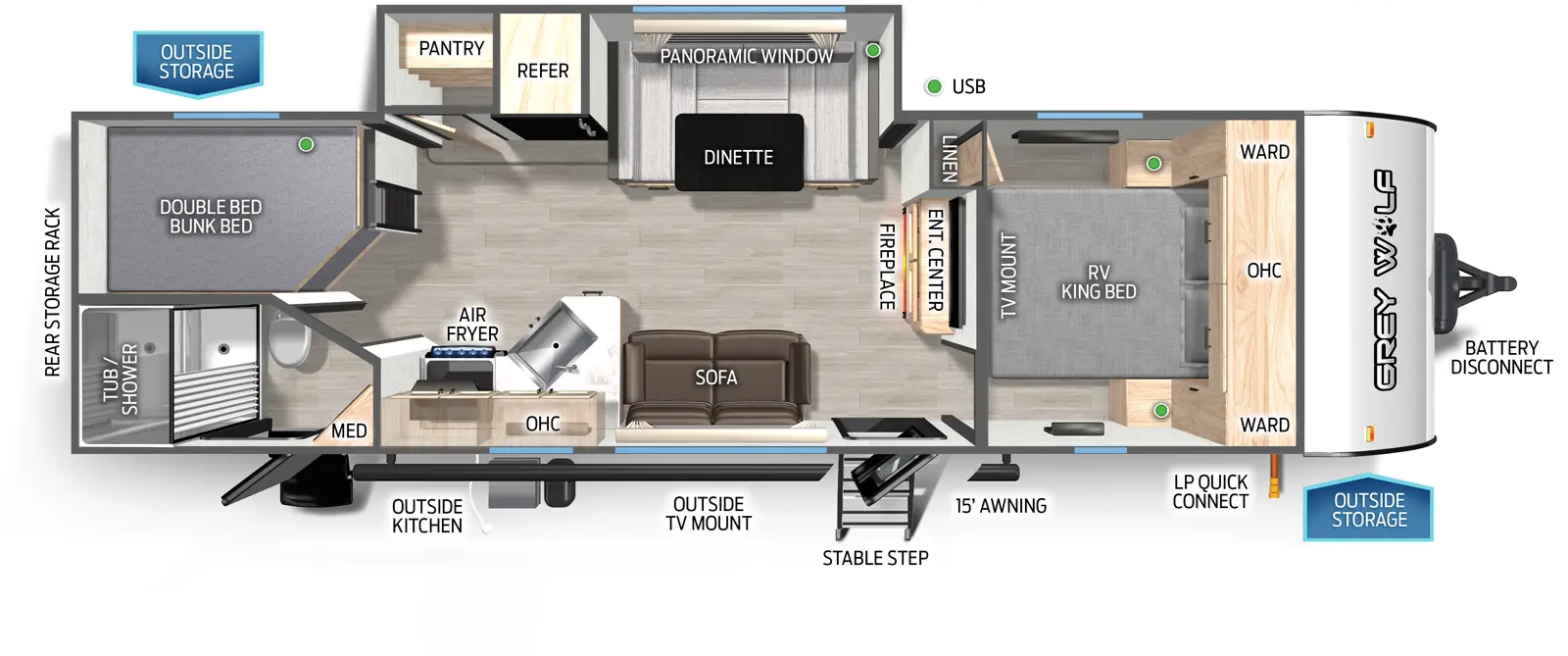 The Grey Wolf 26BRB floorplan has two entries and one slide out. Exterior features include: metal exterior, 15' awning and outside kitchen. Interiors features include: bunk beds, u-dinette and front bedroom.